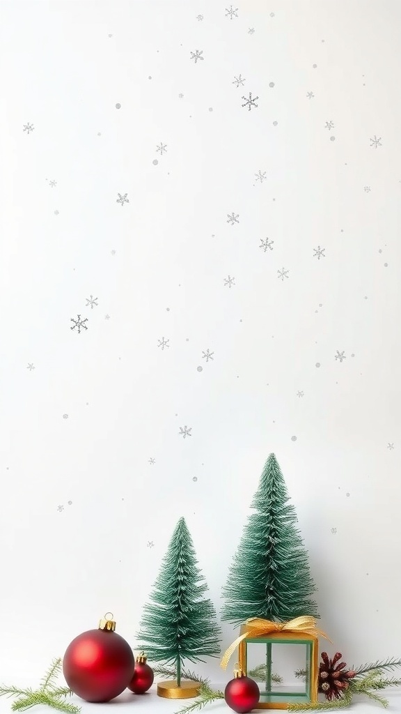 Minimalist Christmas Background Design Minimalist Christmas background with white, green trees, red ornaments, and snowflakes.